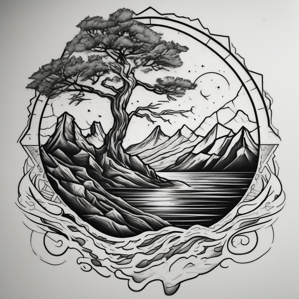 tattoo that has an acacia tree with mountains, ocean with a ship wreck and the northern star hello kitty tattoo, AI-generated Sketch tattoo design
